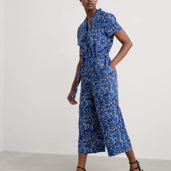 Seasalt Cornwall Women's Pure Linen Floral V-Neck Cropped Jumpsuit - 10 - Blue Mix, Blue Mix
