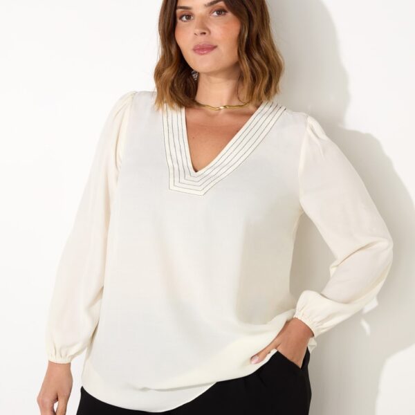 Live Unlimited London Women's V-Neck Stitch Detail Blouse - 18 - Ivory, Ivory