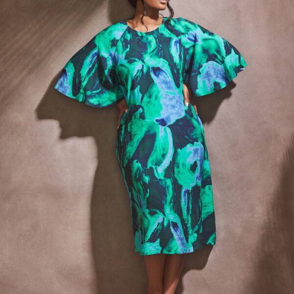Live Unlimited London Women's Printed Angel Sleeve Midi Swing Dress - 20 - Green Mix, Green Mix