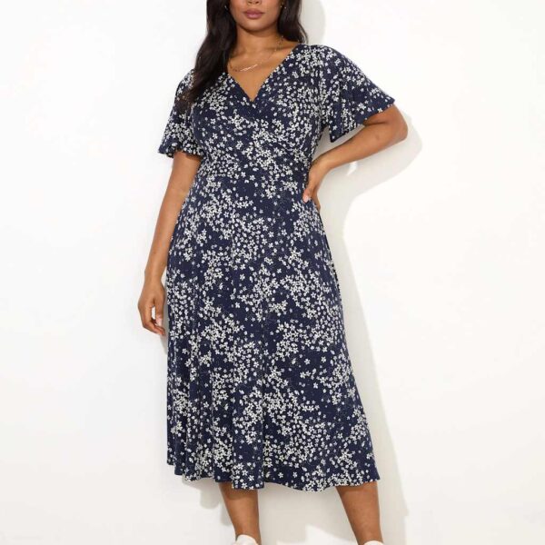 Live Unlimited London Women's Jersey Ditsy Floral V-Neck Midi Wrap Dress - 26 - Navy Mix, Navy Mix