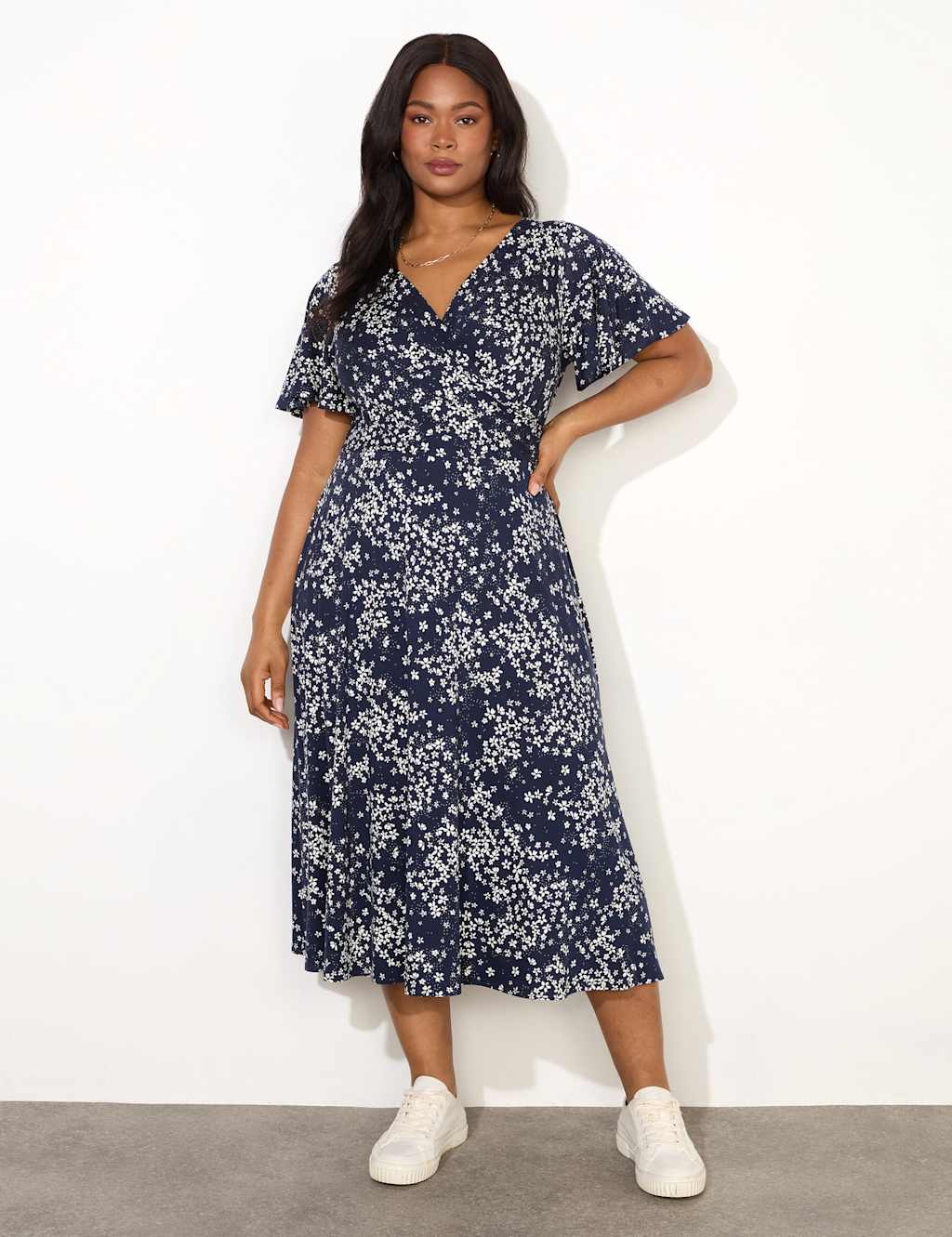 Live Unlimited London Women's Jersey Ditsy Floral V-Neck Midi Wrap Dress - 26 - Navy Mix, Navy Mix