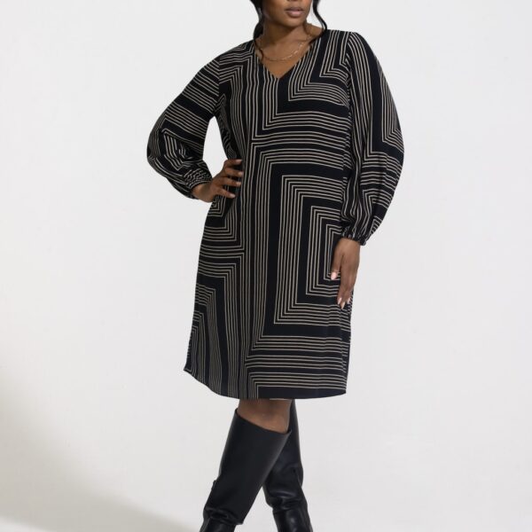 Live Unlimited London Women's Geometric V-Neck Knee Length Swing Dress - 22 - Black Mix, Black Mix