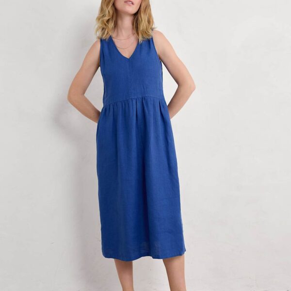 Seasalt Cornwall Women's Pure Linen V-Neck Midi Waisted Dress - 14REG - Navy, Navy