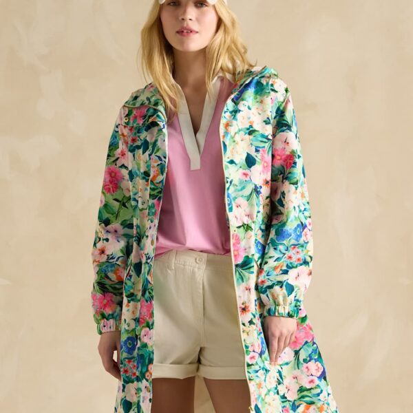 Joules Women's Waterproof Floral Hooded Longline Raincoat - 18 - Cream Mix, Cream Mix