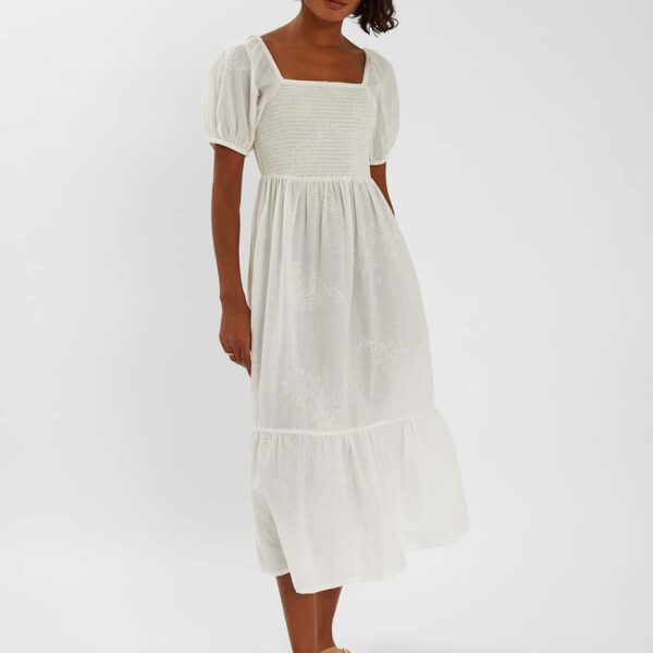 Accessorize Women's Pure Cotton Embroidered Midi Tiered Dress - White, White
