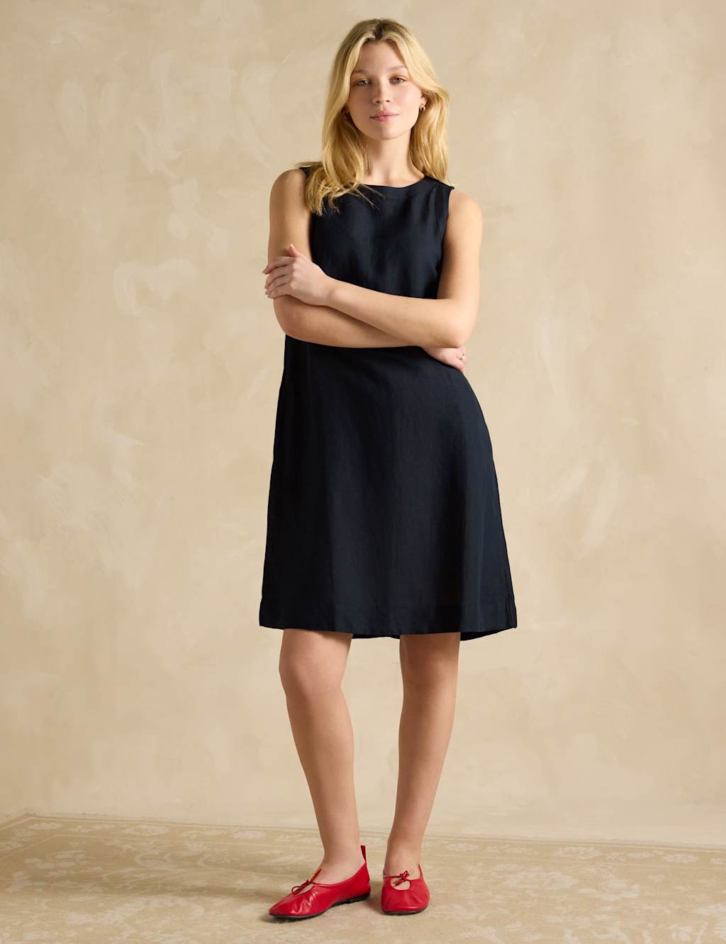 Joules Women's Linen Blend Round Neck Shift Dress - 20 - Navy, Navy