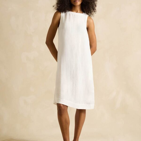Joules Women's Linen Blend Round Neck Knee Length Shift Dress - 8 - White, White