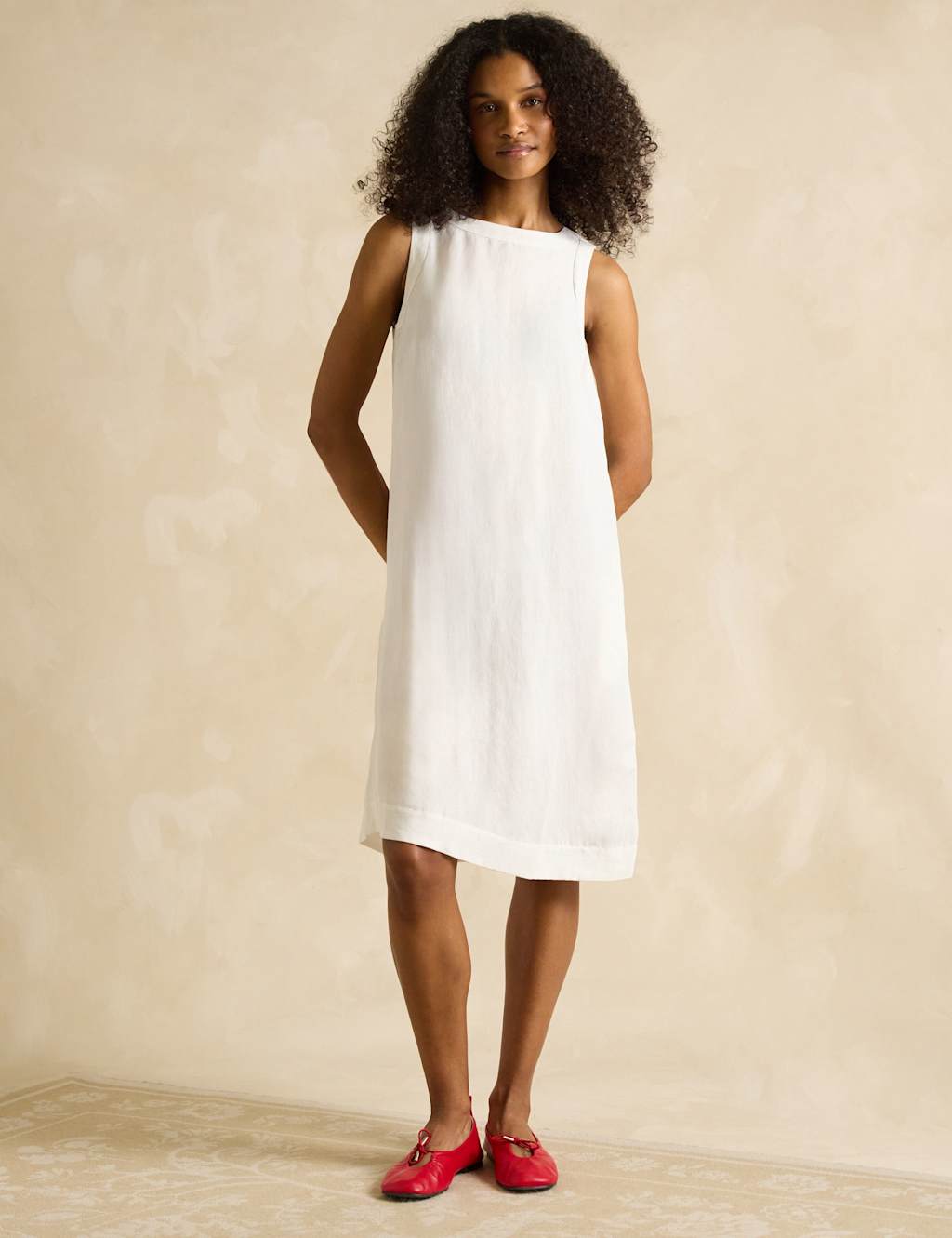 Joules Women's Linen Blend Round Neck Knee Length Shift Dress - 8 - White, White