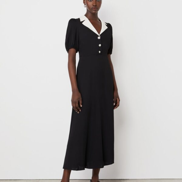 Finery London Women's Crepe Collared Midi Tea Dress - 12 - Black, Black