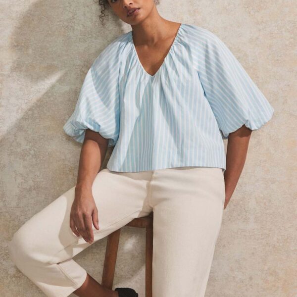 Ro&Zo Women's Pure Cotton Striped Puff Sleeve Blouse - 12REG - Blue Mix, Blue Mix