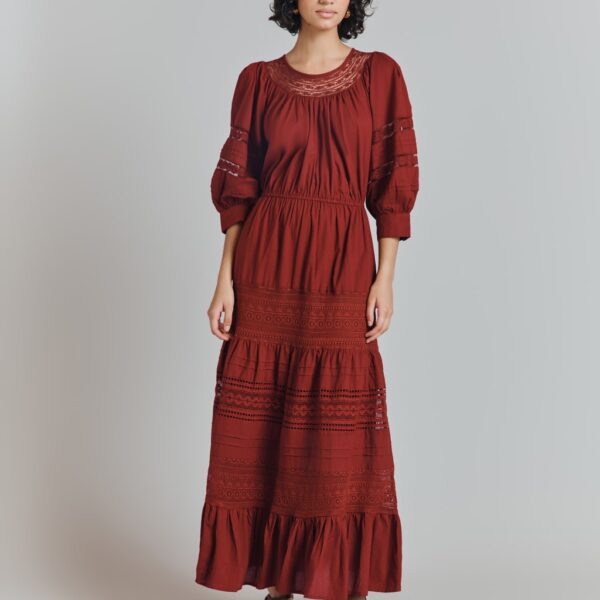 Ghost Women's Pure Cotton Embroidered Midi Tiered Dress - Burgundy, Burgundy,Grey