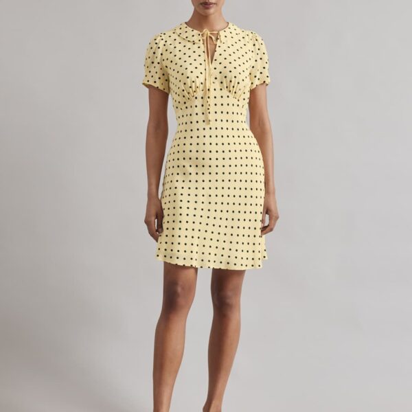 Albaray Women's Spot Print Tie Neck Mini Shift Dress - 10 - Yellow Mix, Yellow Mix