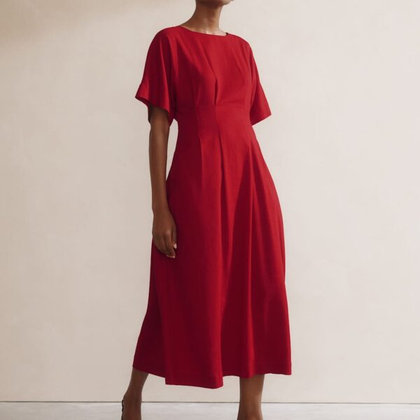 Albaray Women's Linen Blend Midi Waisted Dress - 10 - Red, Red