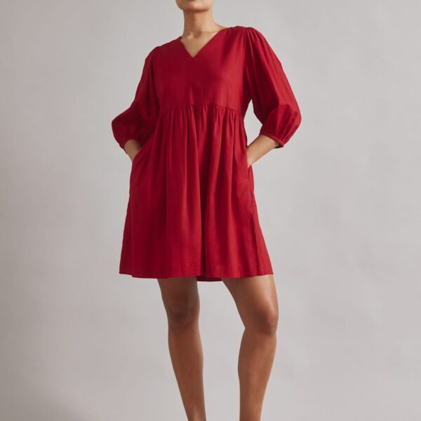 Albaray Women's Linen Blend V-Neck Knee Length Skater Dress - 12 - Red, Red