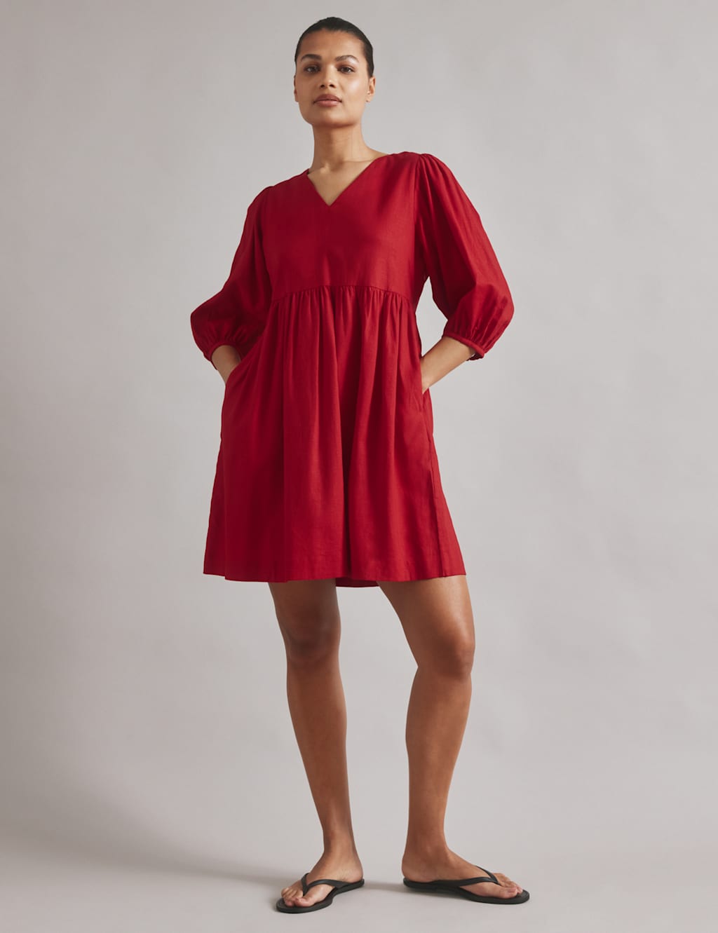 Albaray Women's Linen Blend V-Neck Knee Length Skater Dress - 12 - Red, Red