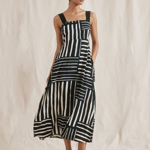 Albaray Women's Linen Blend Striped Midaxi Waisted Dress - 14 - Black Mix, Black Mix