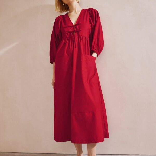 Albaray Women's Pure Cotton Tie Neck Midaxi Smock Dress - 12 - Red, Red