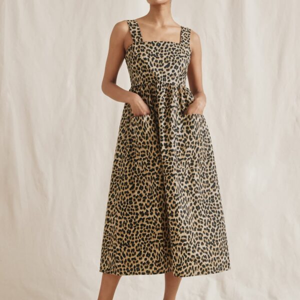 Albaray Women's Pure Cotton Animal Print Wide Strap Midi Dress - 12 - Brown Mix, Brown Mix