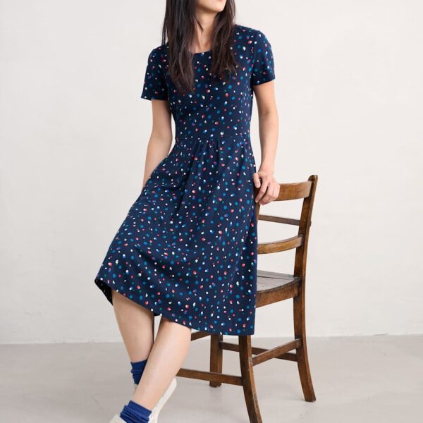 Seasalt Cornwall Women's Cotton Rich Polka Dot Midi Skater Dress - 14LNG - Navy Mix, Navy Mix