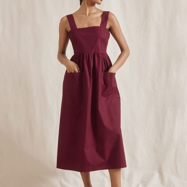 Albaray Women's Pure Cotton Square Neck Midi Apron Dress - 12 - Red, Red