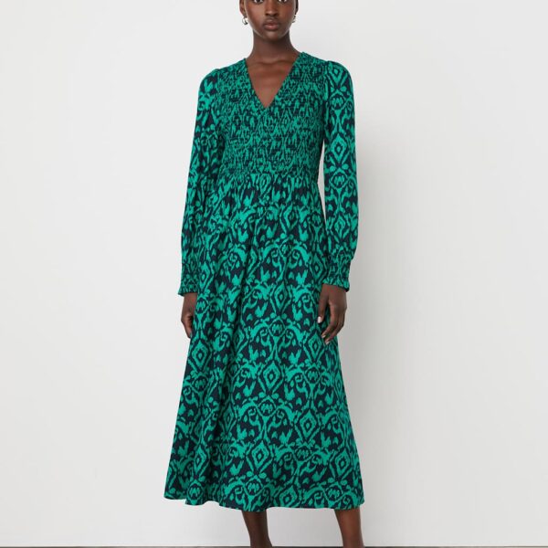 Finery London Women's Printed V-Neck Midi Smock Dress - 12 - Green Mix, Pink Mix,Green Mix