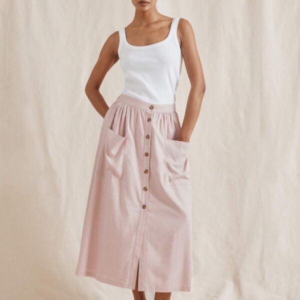 Albaray Women's Linen Blend Button Front Midi A-Line Skirt - 10 - Pink, Pink