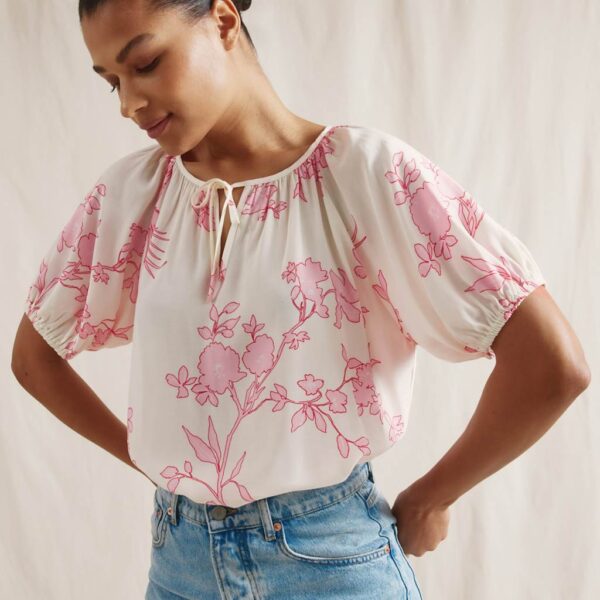 Albaray Women's Floral Tie Neck Puff Sleeve Blouse - 8 - Pink Mix, Pink Mix