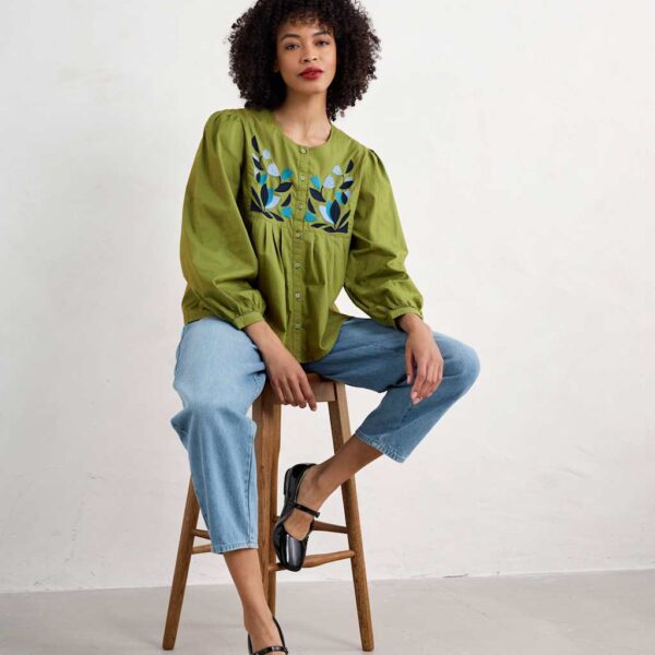 Seasalt Cornwall Women's Pure Cotton Embroidered Pleat Detail Shirt - 26-28 - Green, Green