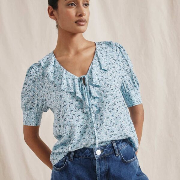 Albaray Women's Floral Print Notch Neck Ruffle Blouse - 8 - Dark Blue Denim, Dark Blue Denim