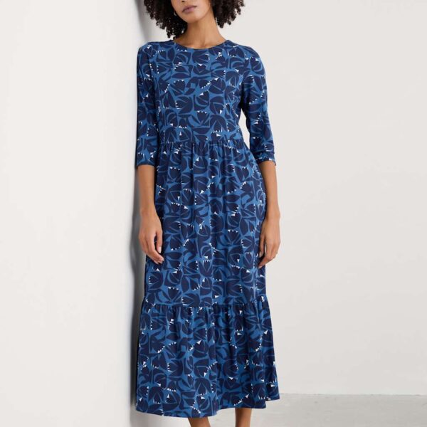 Seasalt Cornwall Women's Cotton Blend Floral Midaxi Tiered Dress - 14 - Blue Mix, Blue Mix