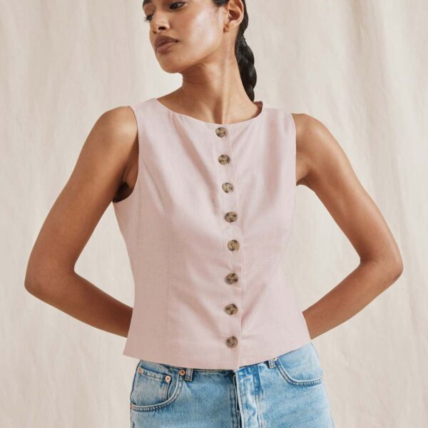 Albaray Women's Linen Blend Single Breasted Cropped Waistcoat - 10 - Pink, Pink