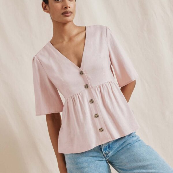 Albaray Women's Linen Blend V-Neck Button Through Peplum Top - 12 - Pink, Pink