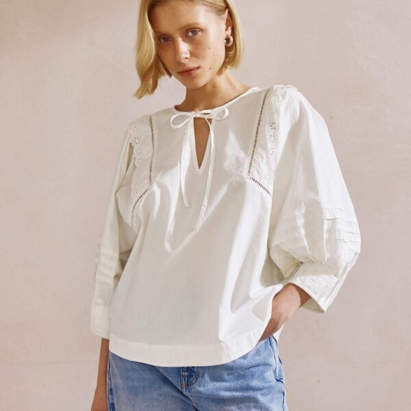 Albaray Women's Pure Cotton Broderie Pintuck Sleeve Top - 12 - Cream, Cream
