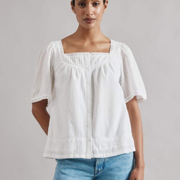 Albaray Women's Pure Cotton Square Neck Button Through Blouse - 12 - Cream, Cream