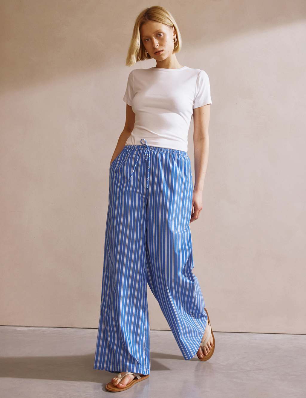 Albaray Women's Cotton Rich Striped Drawstring Trousers - 12 - Blue Mix, Blue Mix