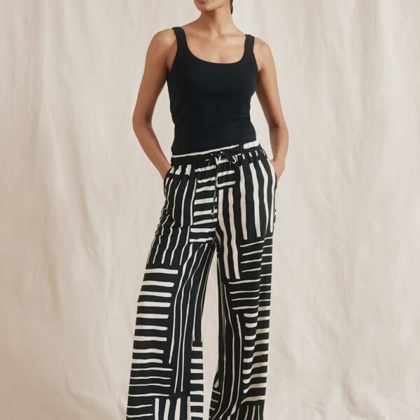 Albaray Women's Linen Blend Striped Wide Leg Trousers - 10 - Black Mix, Black Mix