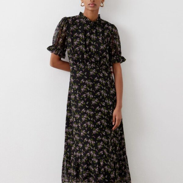 Finery London Women's Floral Crew Neck Midi Tea Dress - 12 - Black Mix, Black Mix