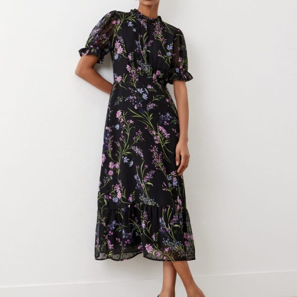 Finery London Women's Floral Frill Sleeve Midi Tea Dress - 12 - Black Mix, Black Mix