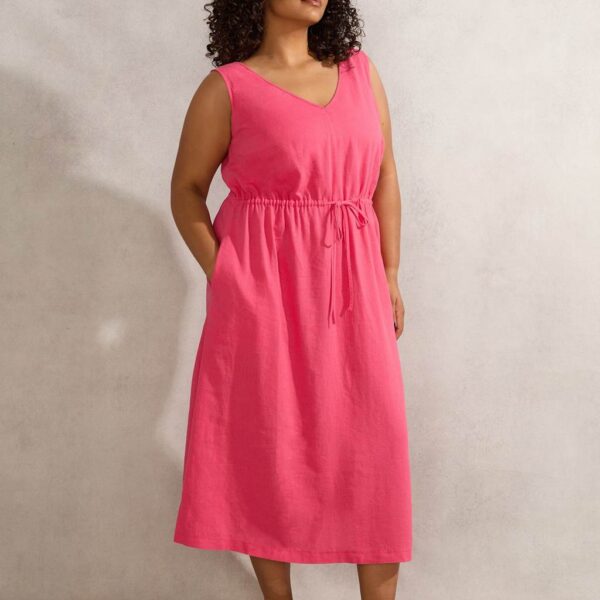 Live Unlimited London Women's Linen Blend V-Neck Midi Waisted Dress - 18 - Pink, Pink