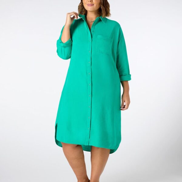 Live Unlimited London Women's Linen Blend Midi Shirt Dress - 18 - Green, Green,Blue