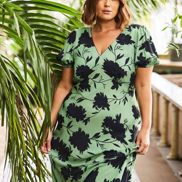 Live Unlimited London Women's Floral V-Neck Midi Tea Dress - 16 - Green Mix, Green Mix