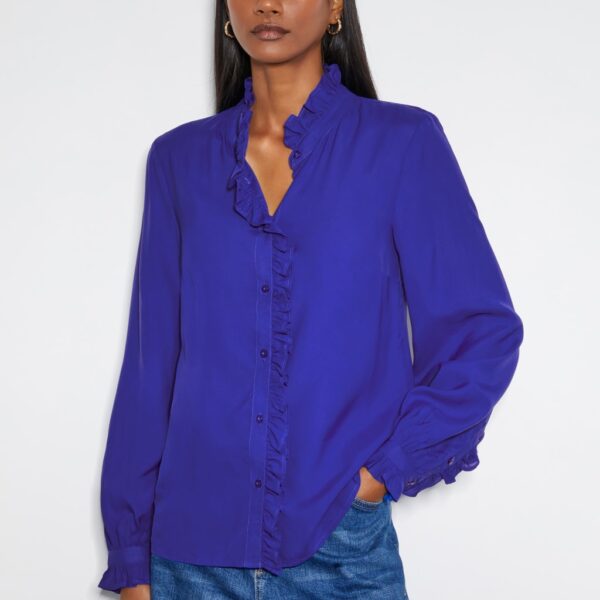 Monsoon Women's Collared Ruffle Blouse - 8 - Dark Blue, Dark Blue,Pink