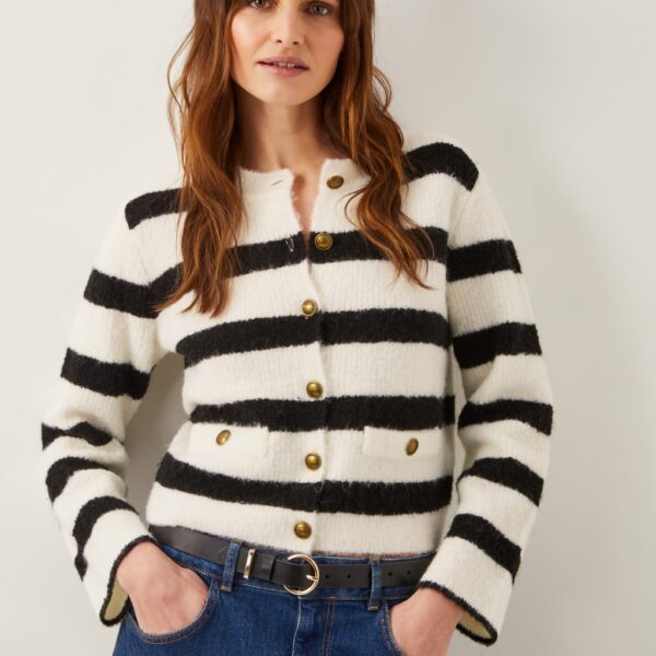 Monsoon Women's Striped Button Front Cardigan with Wool - M - Ivory Mix, Ivory Mix