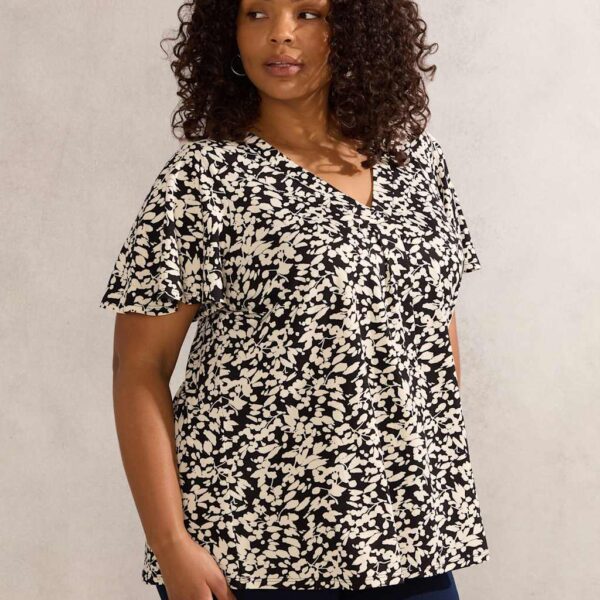 Live Unlimited London Women's Jersey Floral V-Neck Pleat Detail Blouse - 20 - Black Mix, Black Mix
