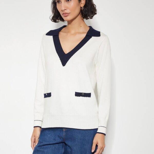 Monsoon Women's Collared V-Neck Button Detail Jumper with Wool - Ivory, Ivory