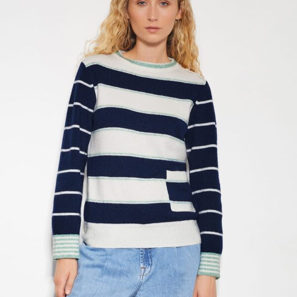 Monsoon Women's Striped Crew Neck Pocket Detail Jumper - Navy Mix, Navy Mix