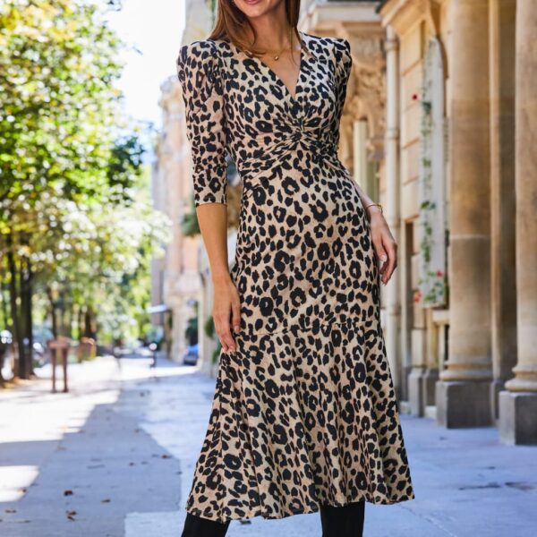 Sosandar Women's Jersey Animal Print V-Neck Midi Skater Dress - 12 - Beige Mix, Beige Mix