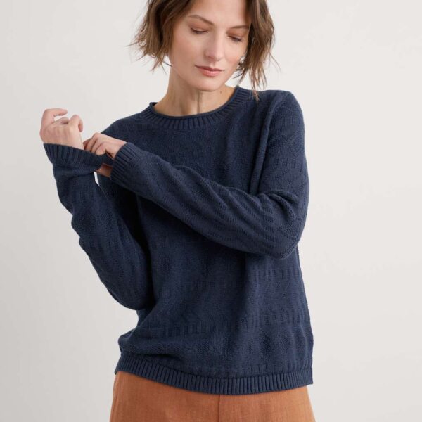 Seasalt Cornwall Women's Pure Cotton Diamond Stitch Crew Neck Jumper - 12 - Navy, Navy,Natural,Green,Red