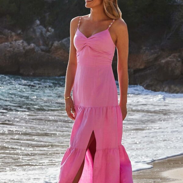 Sosandar Women's Linen Rich V-Neck Maxi Tiered Dress - 12 - Pink, Pink