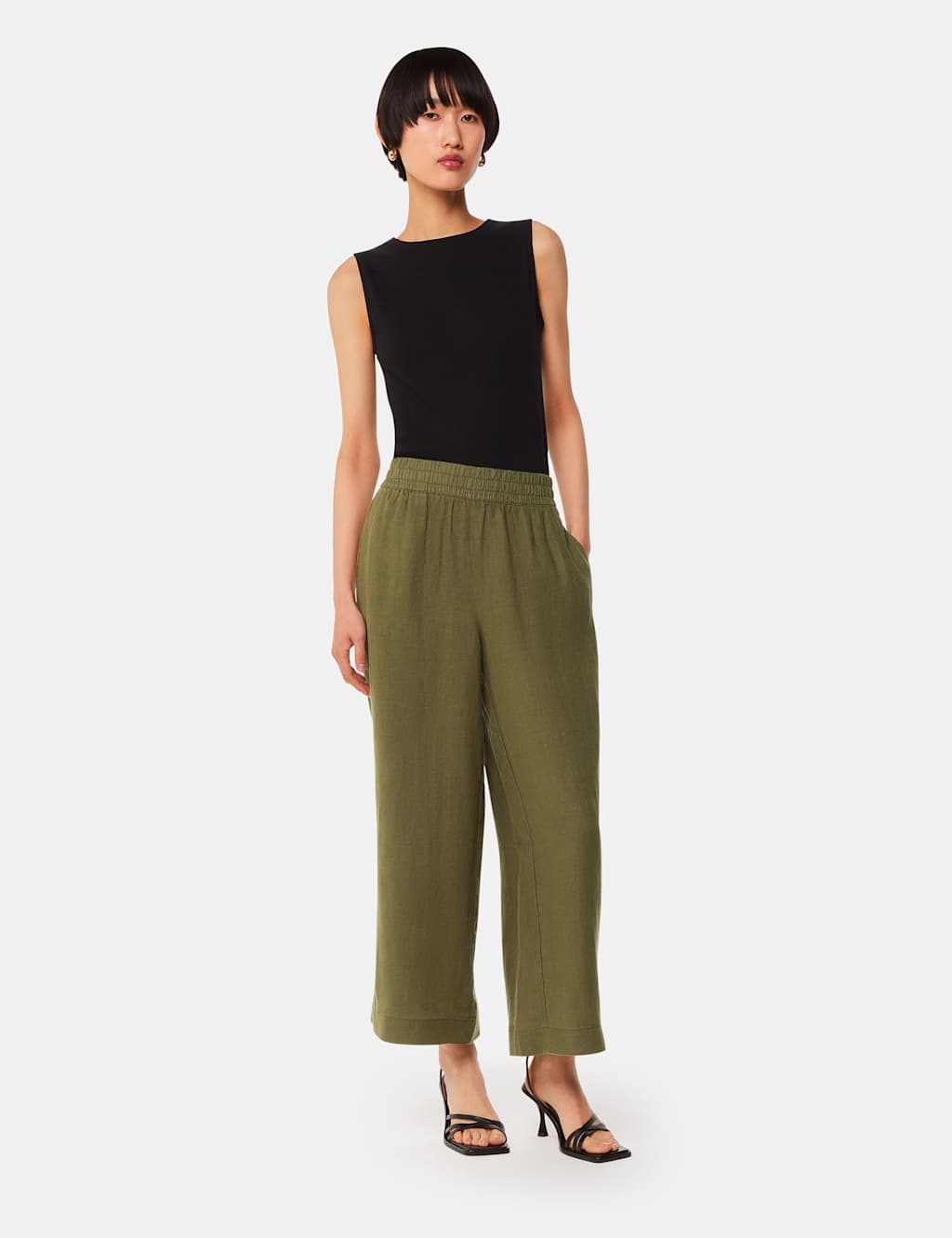 Whistles Women's Pure Linen Flap Pocket Ankle Grazer Trousers - 8REG - Khaki, Khaki